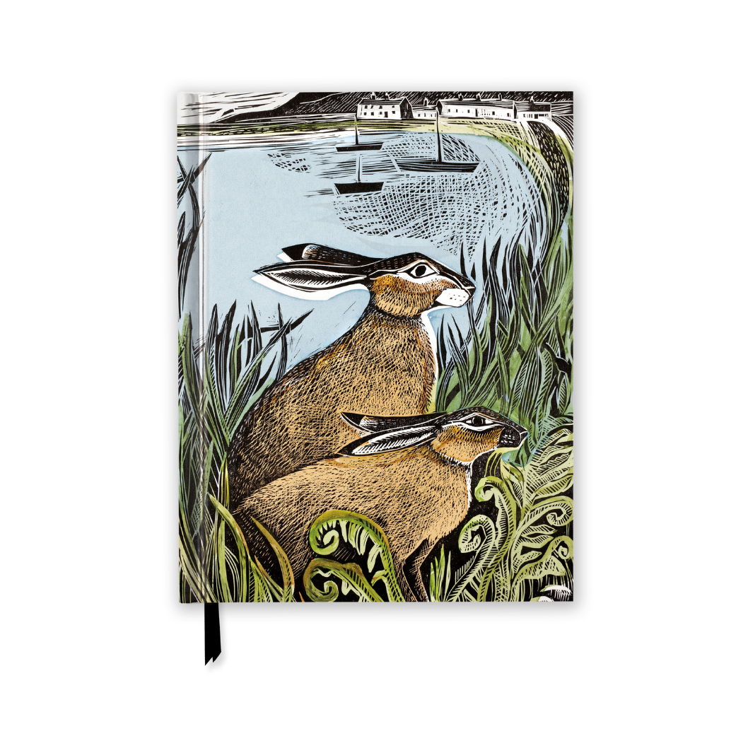 Notebook cover featuring two hares in a stylized landscape with ferns and a distant seascape.