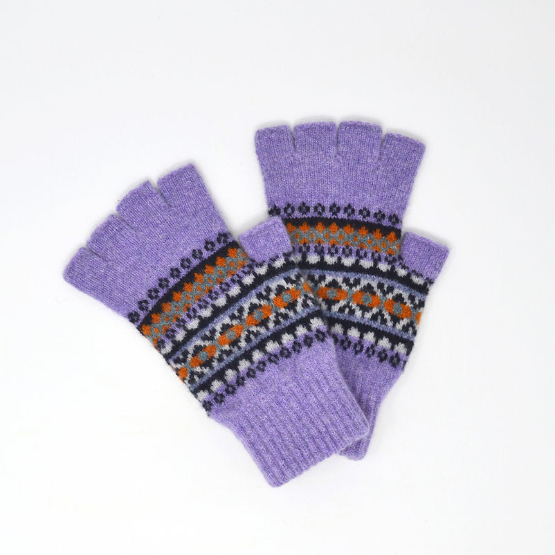 Pair of purple fingerless gloves with a Fair Isle-style pattern in orange, gray, and black.
