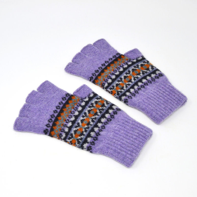 Pair of lavender fingerless gloves with a colorful Fair Isle pattern.