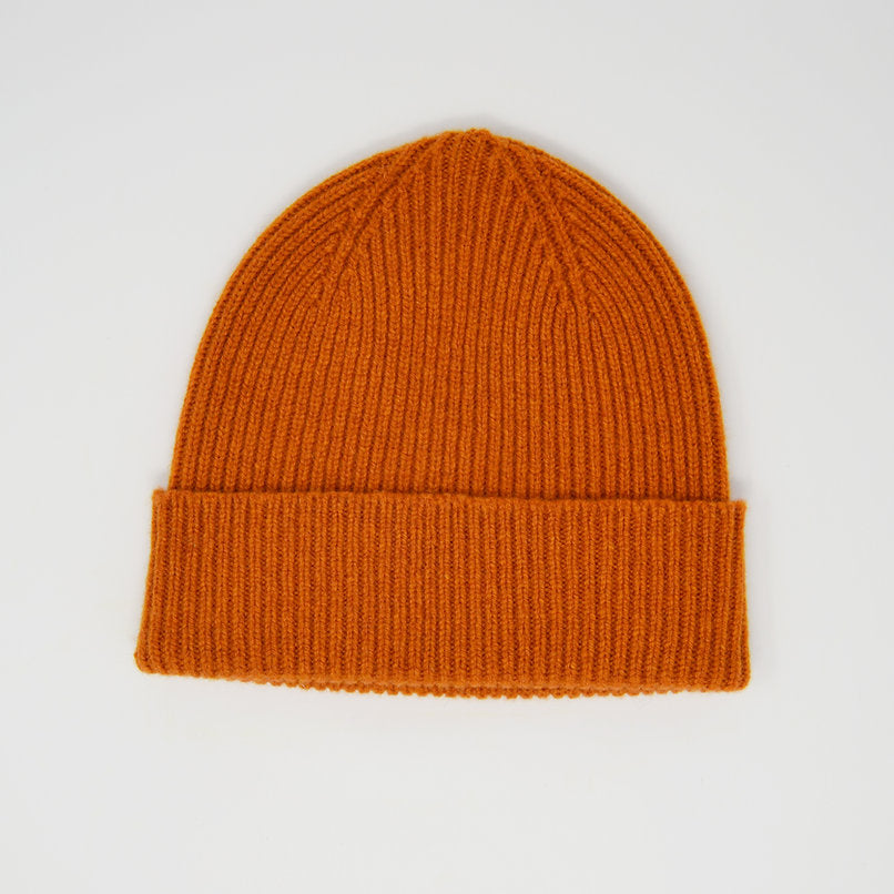 Burnt orange ribbed knit beanie.
