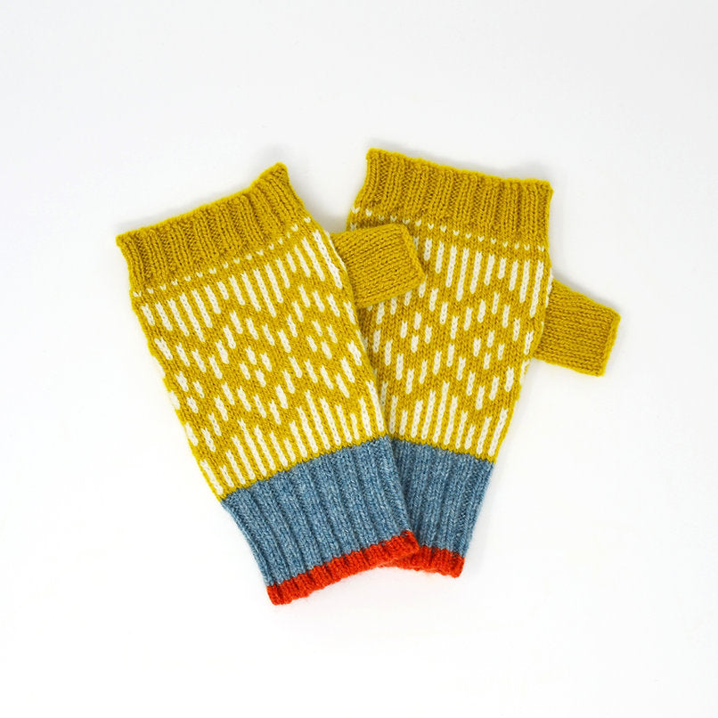 Pair of mustard yellow fingerless gloves with white and blue accents.