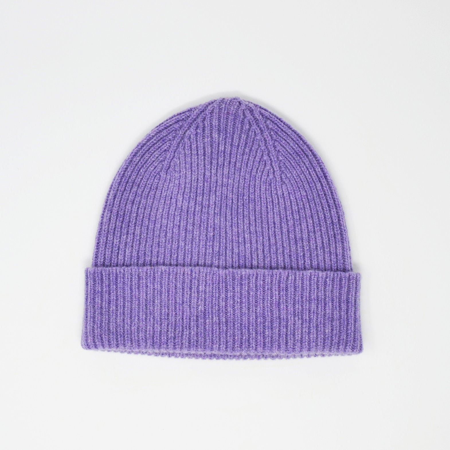 Purple ribbed knit beanie.