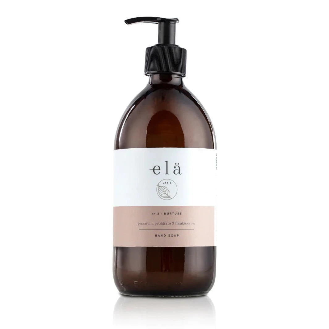 elä Life No. 2 Nurture hand soap in an amber glass pump bottle.