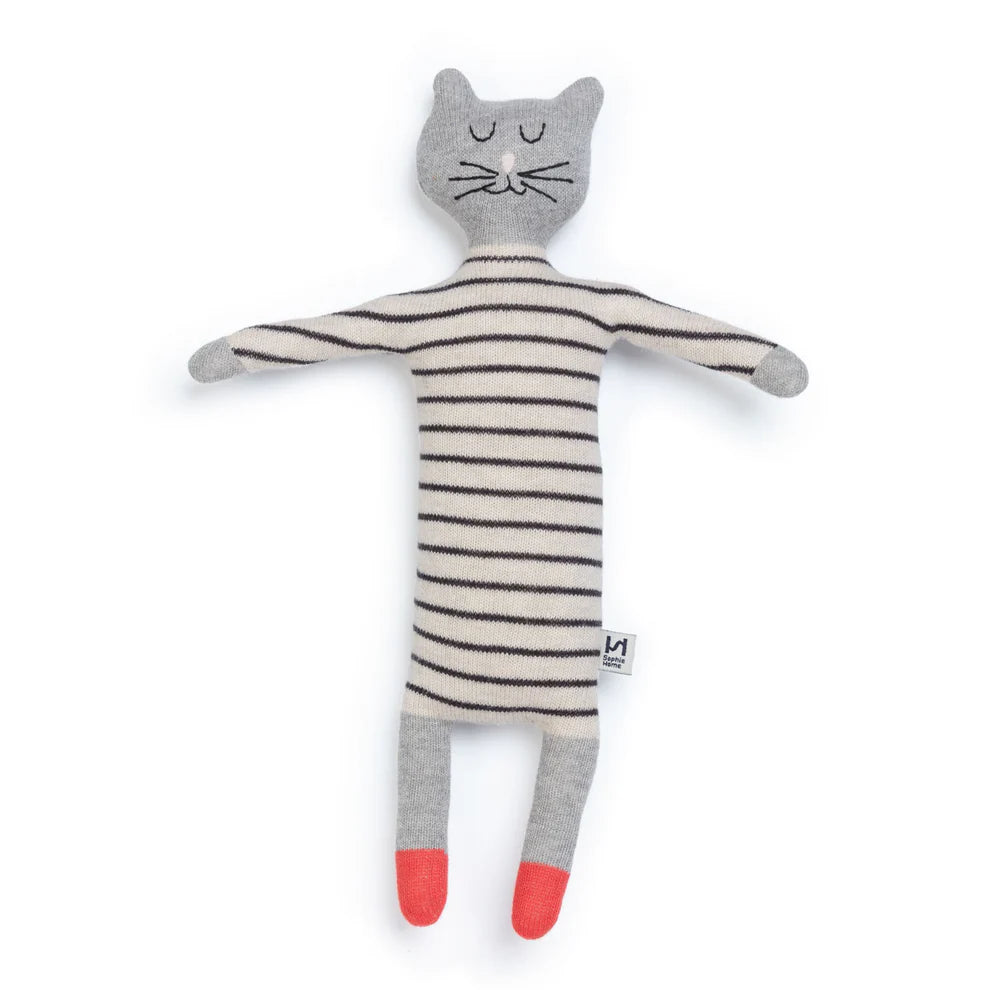 Grey and cream striped knitted cat toy with coral-colored feet.