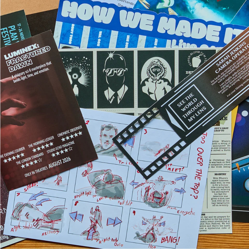 Collection of promotional materials and artwork on a wooden surface