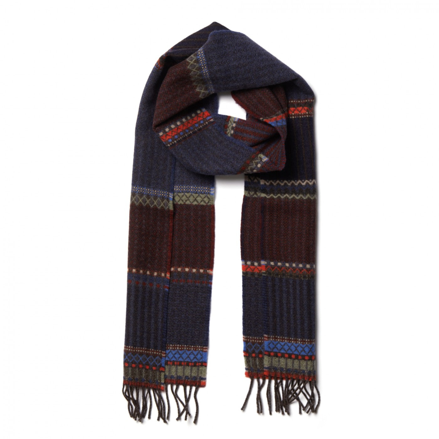 Patterned scarf with fringes on a white background