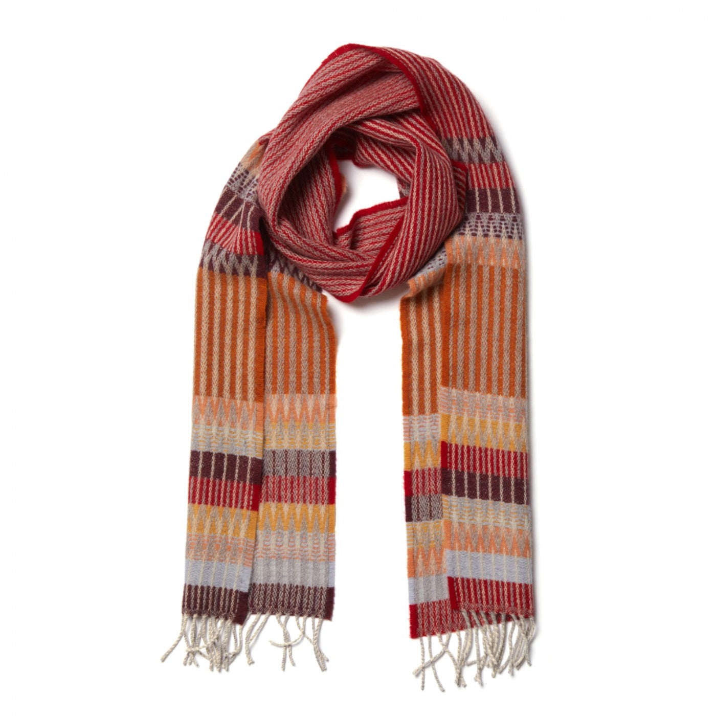 Striped scarf with red, orange, and brown colors on a white background