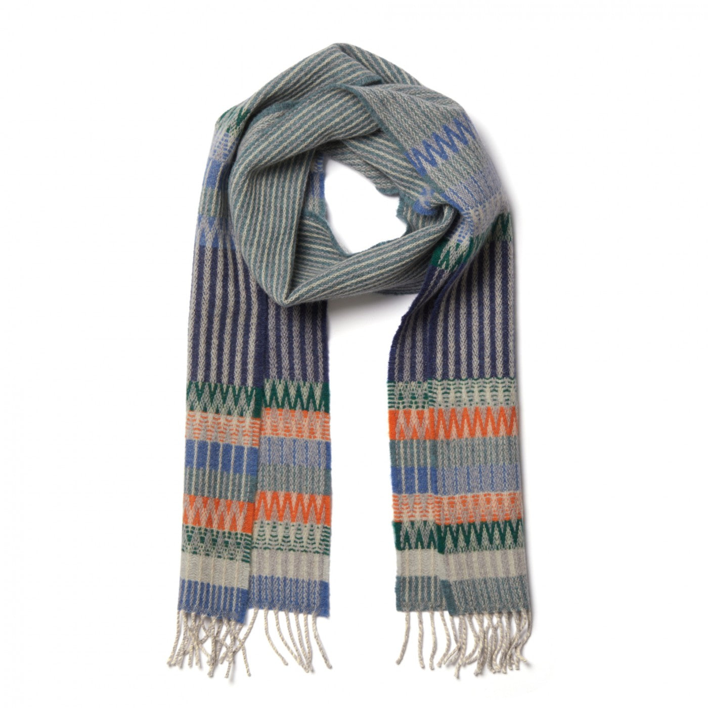 Striped scarf with blue, green, orange, and gray pattern on a white background