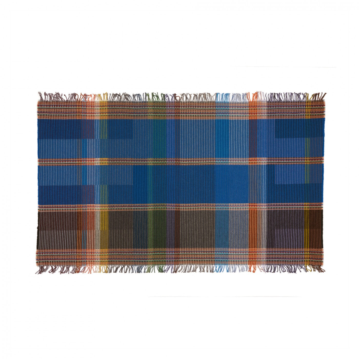 Plaid blanket with blue, brown, and orange pattern on a white background
