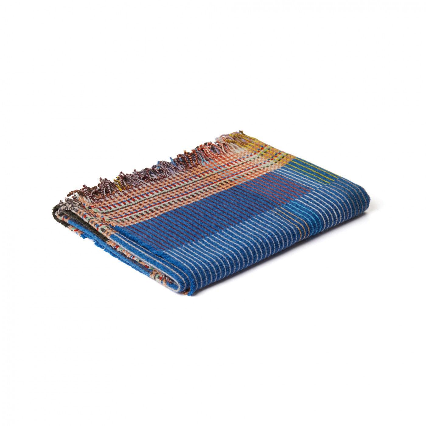Colorful woven blanket with a blue stripe on a white background