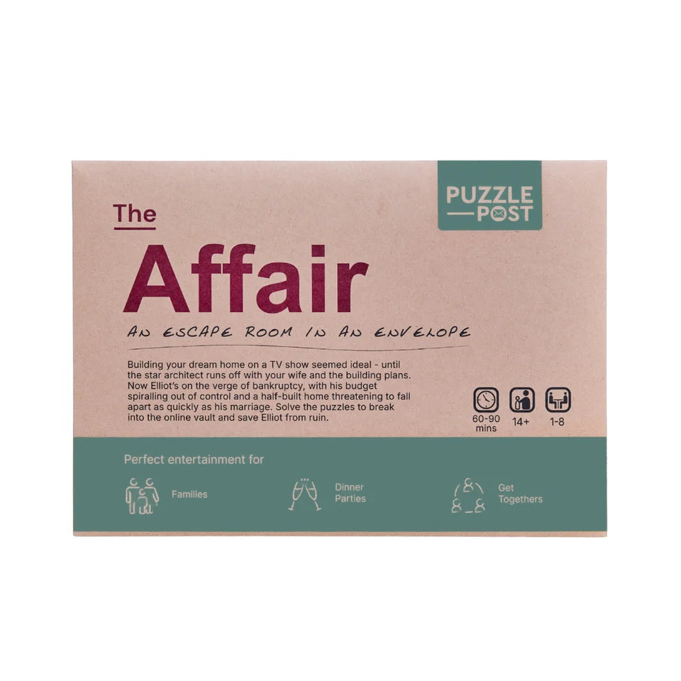 Box of 'The Affair' escape room game by Puzzle Post on a white background