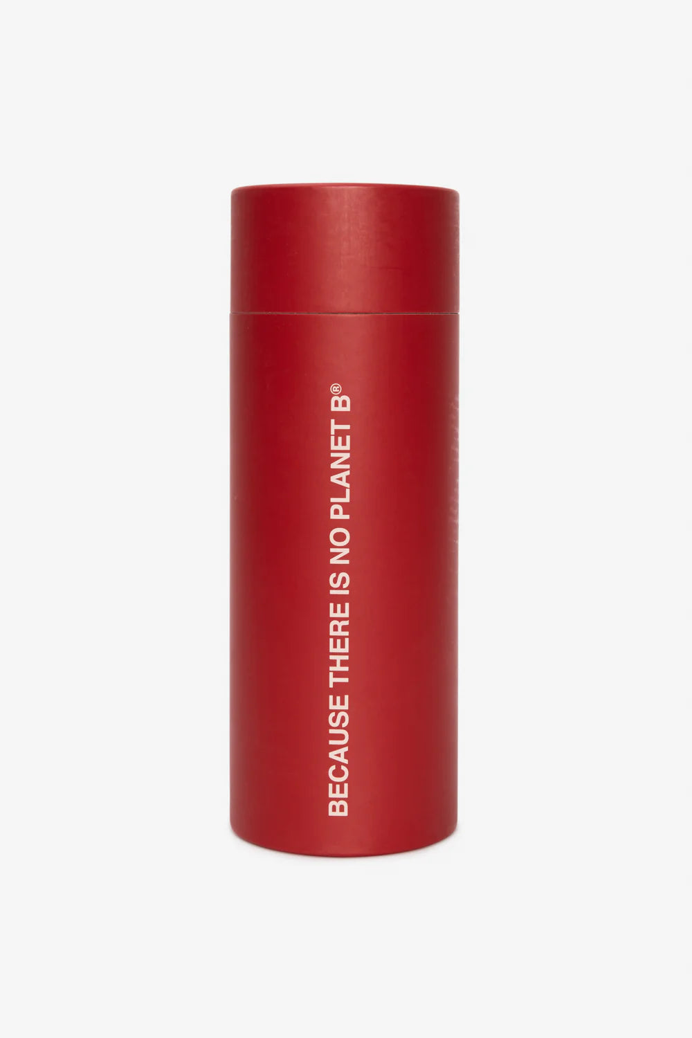 Red cylindrical container with 'Because There is No Planet B' text on a white background