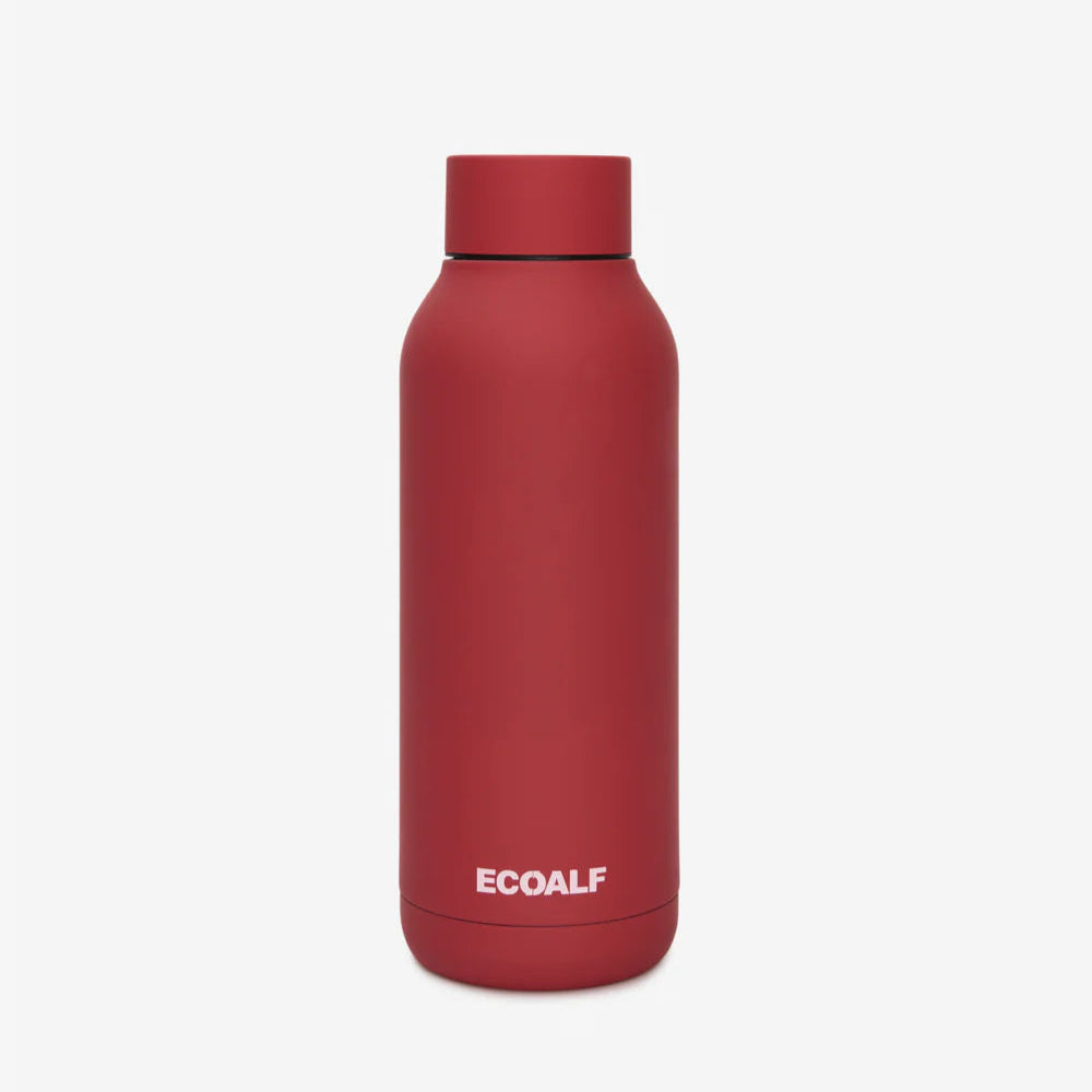 Red insulated bottle with 'Ecoalf' branding on a white background