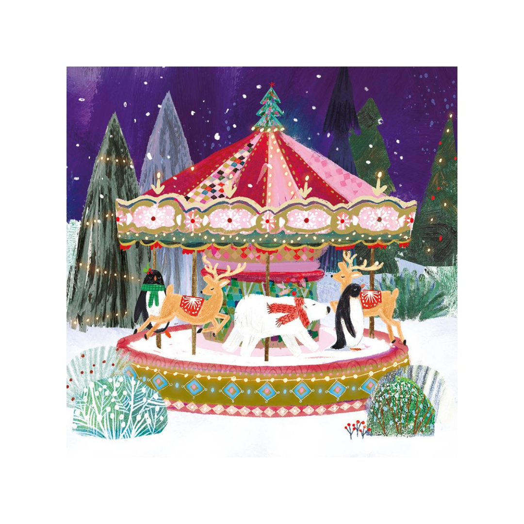 Christmas-themed carousel with reindeer and penguins in a snowy forest setting