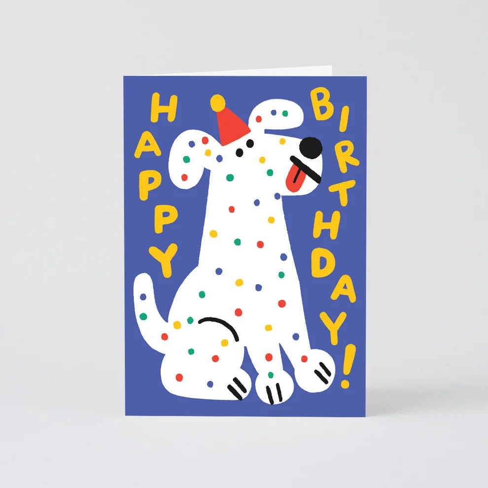Birthday card with a polka-dotted dog and 'Happy Birthday!' text on a blue background
