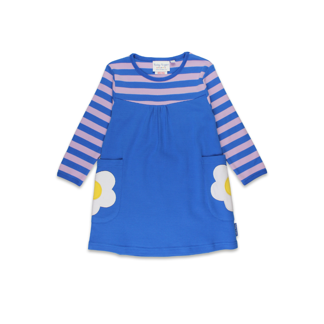 Organic Applique Long-Sleeved Dress - Blue Daisy