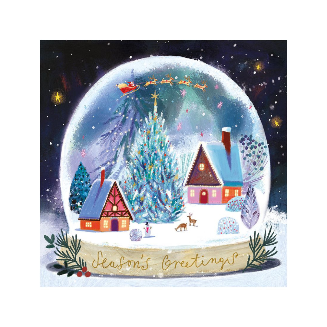 Christmas card with a snow globe design featuring houses, trees, and Santa Claus.