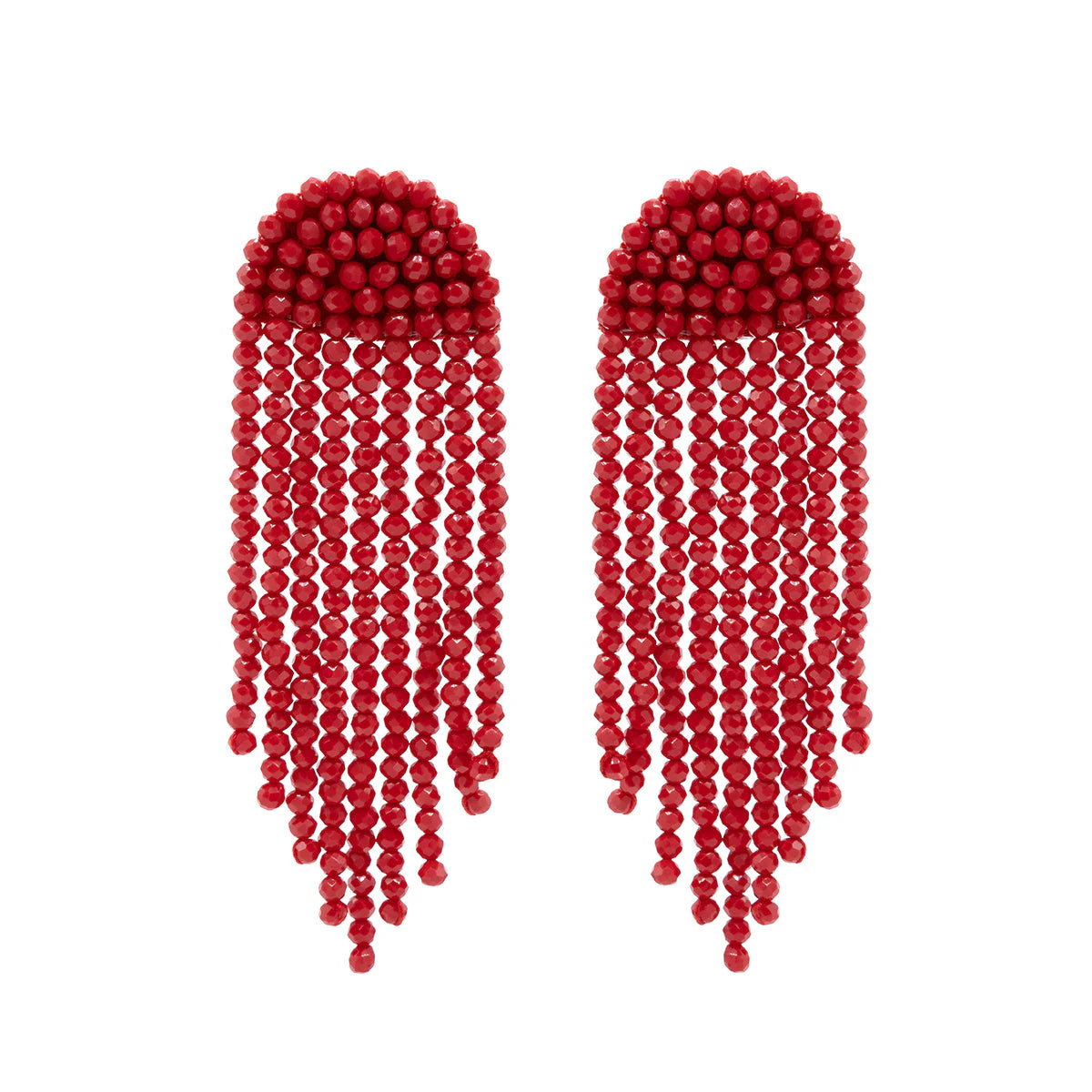 Pair of red beaded earrings.  Each earring features a rounded top and long, cascading fringe of small, faceted beads.