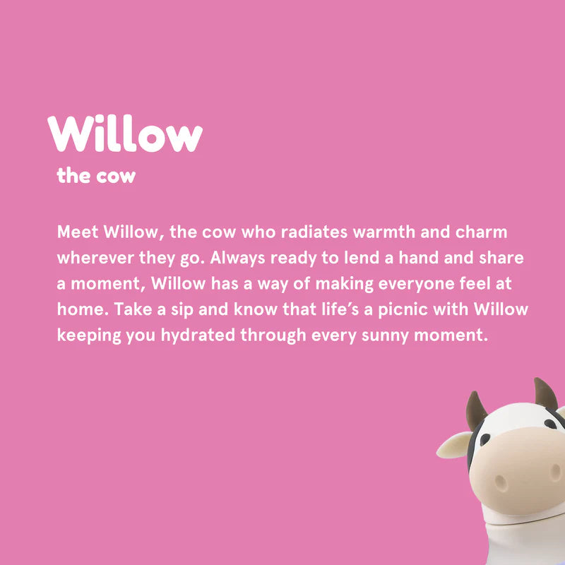 Stylized cow character with promotional text on a pink background