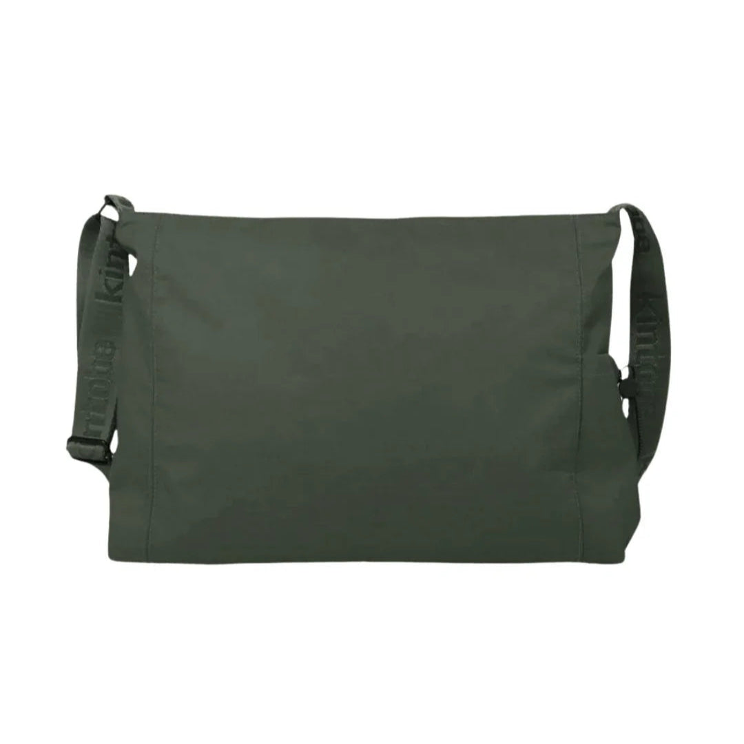Dark olive green messenger bag with adjustable shoulder strap and subtle branding.