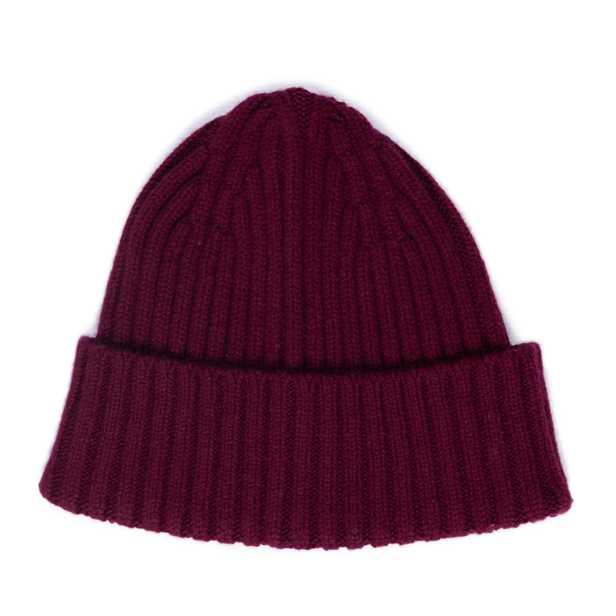 A dark burgundy ribbed knit beanie hat, shown flat against a solid white background.