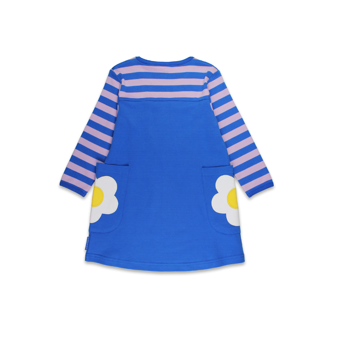 Organic Applique Long-Sleeved Dress - Blue Daisy