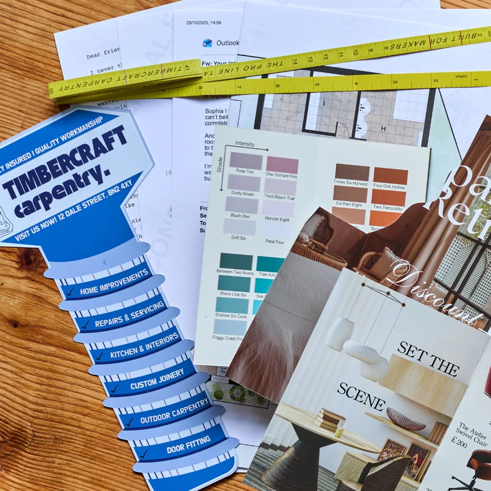 A stack of printed carpentry and home improvement materials and brochures spread on a wooden tabletop, including a blue Timbercraft sign, a yellow tape measure, a color swatch card, and a magazine-style brochure.
