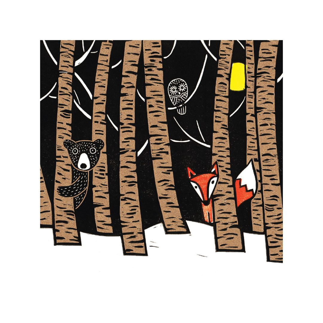 Illustration of a bear and fox among birch trees with a full moon and candlelight.