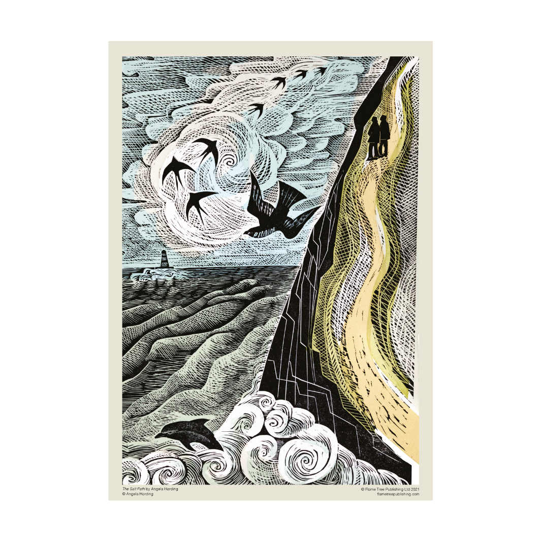 Woodcut illustration depicting a coastal cliff path, birds in flight, and ocean waves.