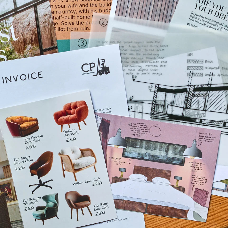 Collection of architectural drawings and furniture catalog on a wooden surface