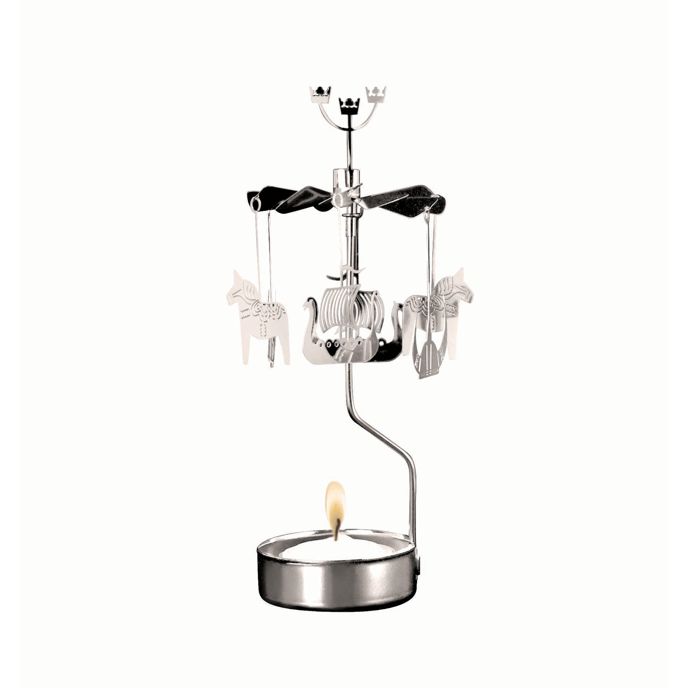 Silver metal candleholder with rotating Dala horses and Viking ship designs.  A lit tea light candle sits below.