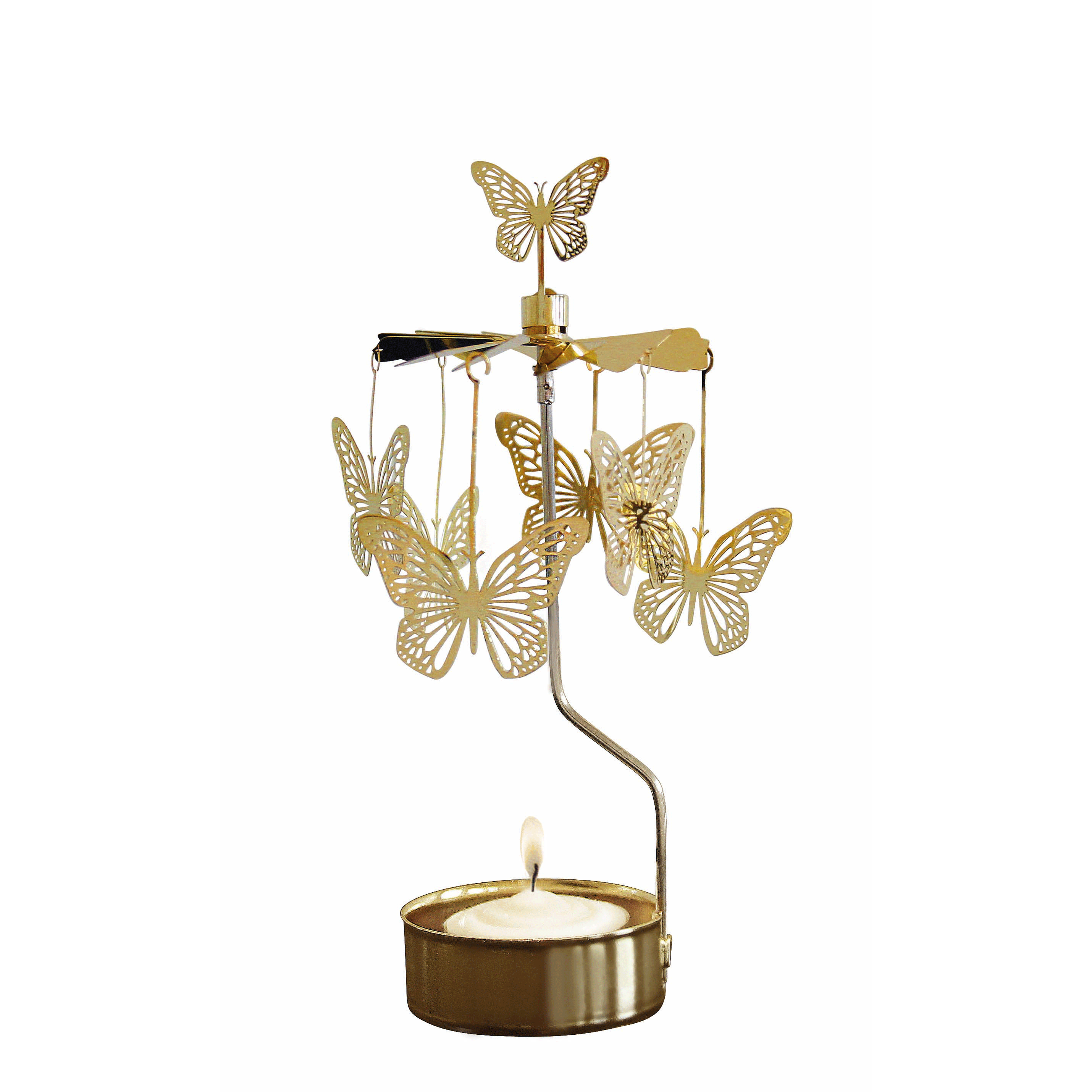 Gold butterfly candle holder with a candle on a white background