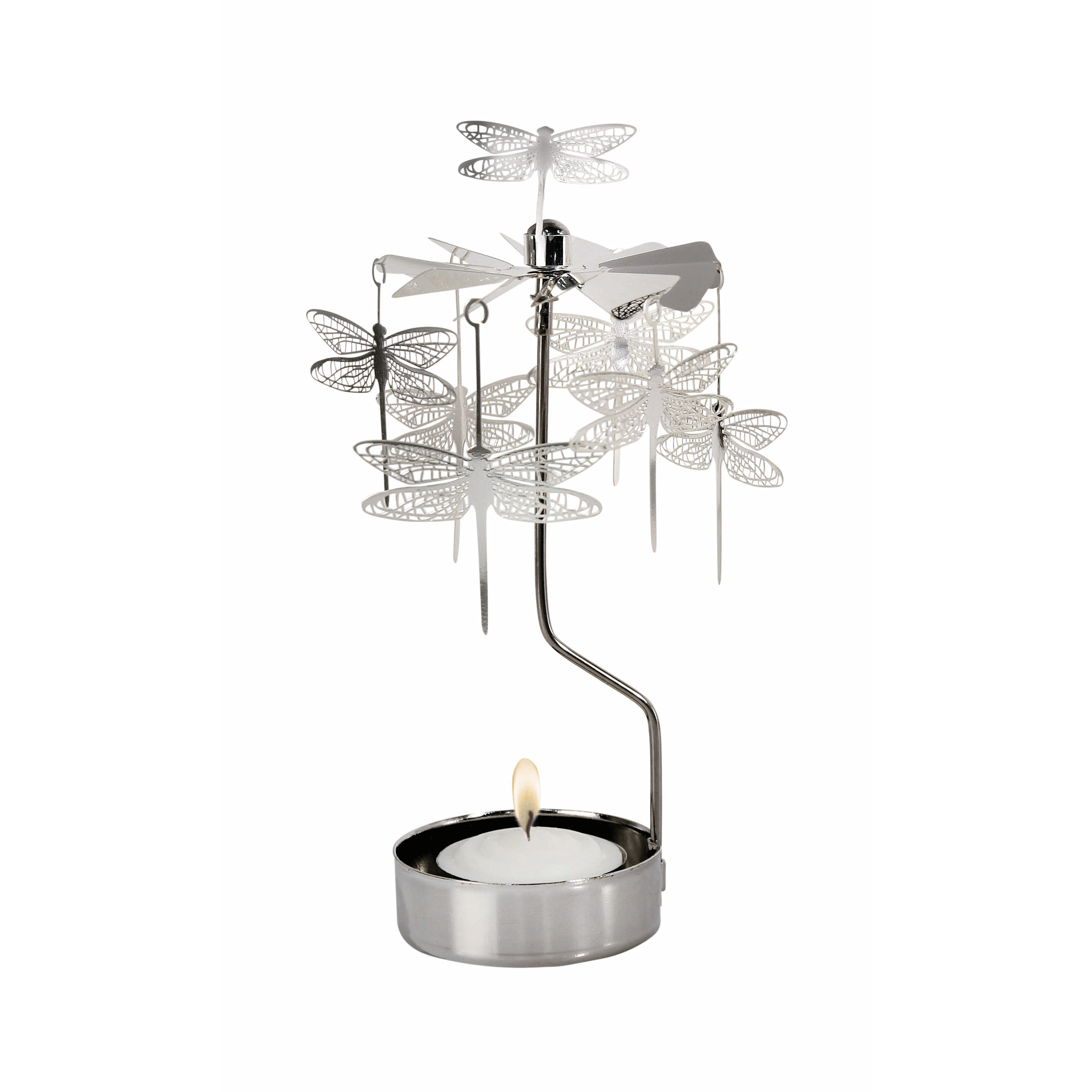 Decorative candle holder with metal dragonfly designs on a white background