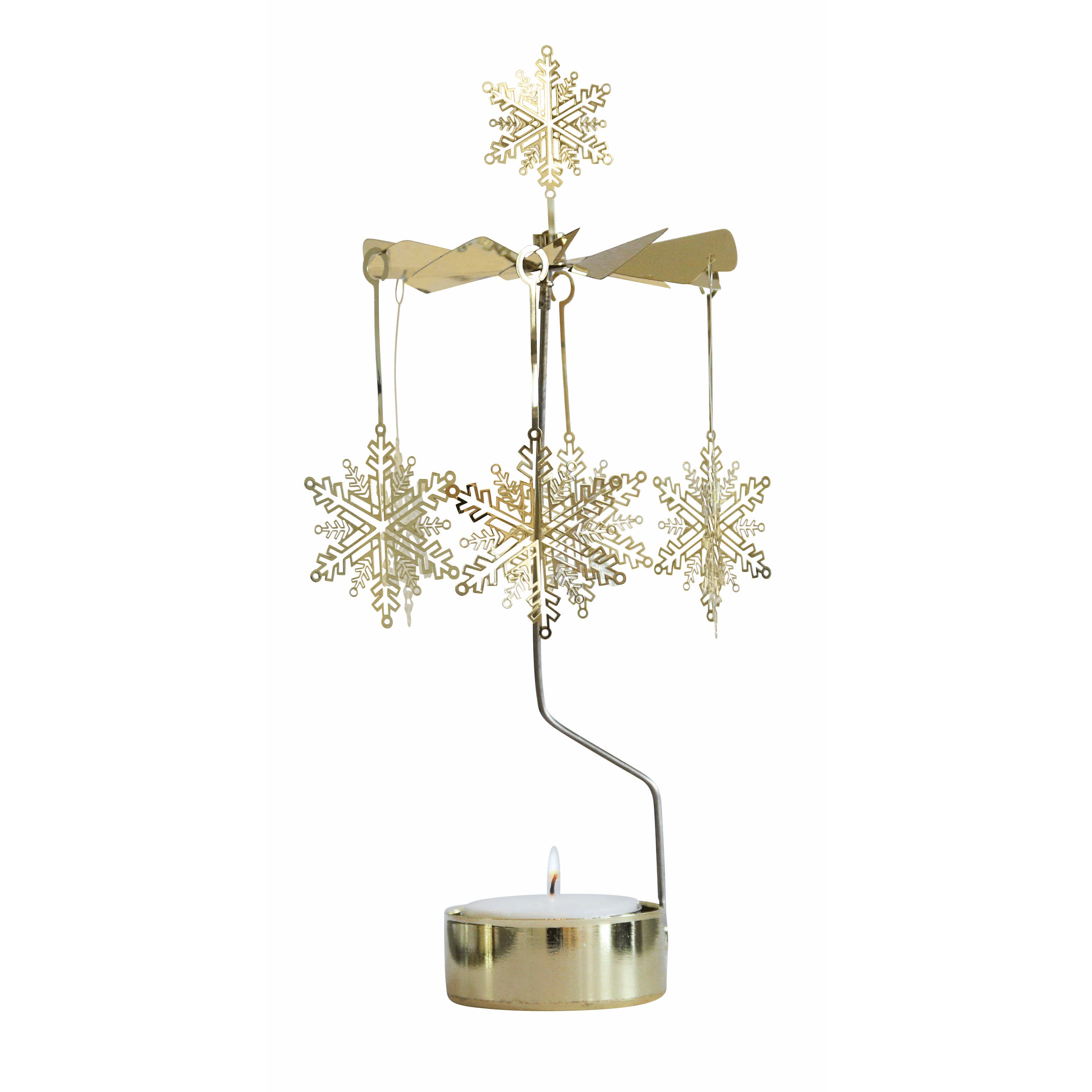 A gold-toned metal snowflake wind spinner decoration with hanging snowflakes and a small tealight candle holder base, shown on a plain white background.
