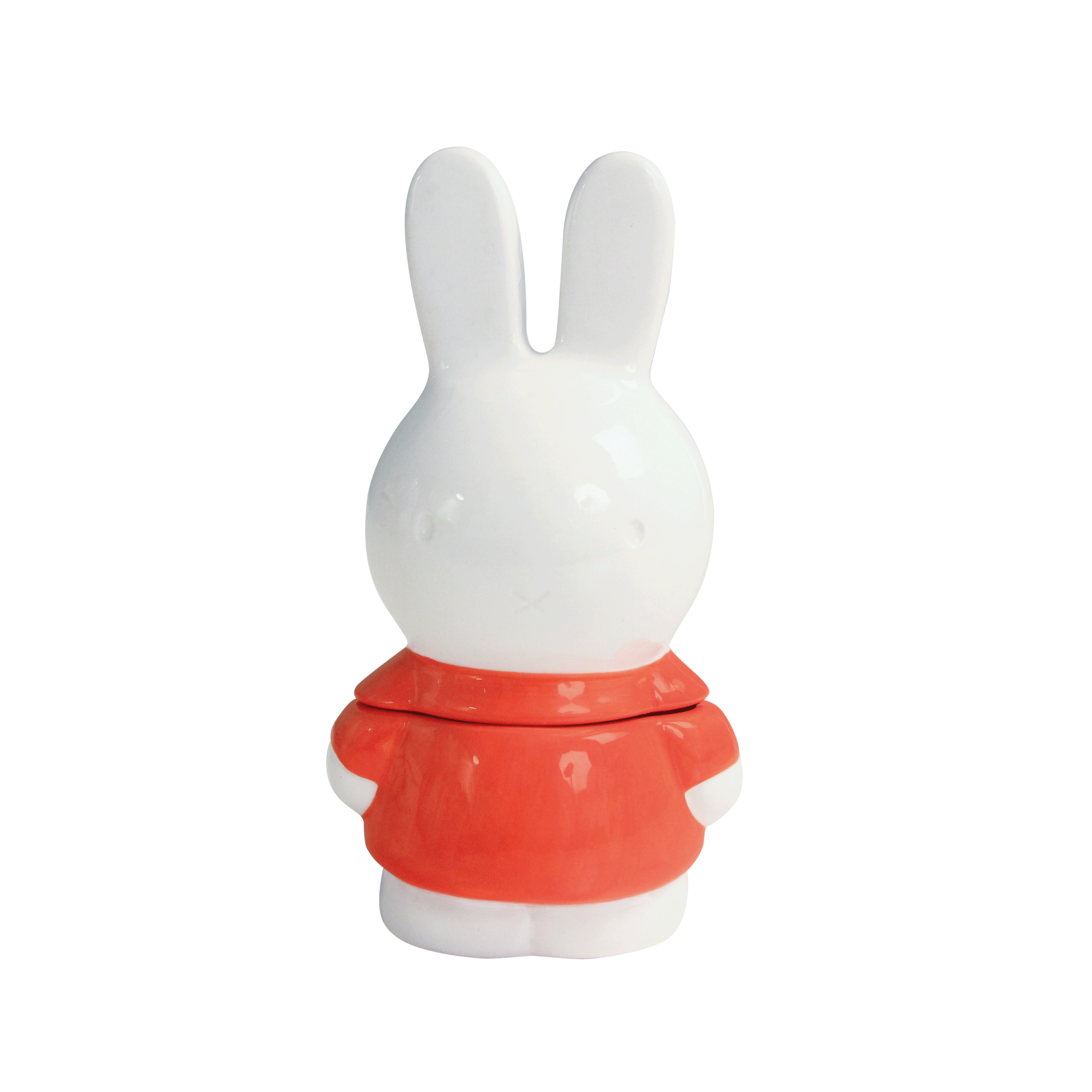 White ceramic Miffy rabbit figurine wearing an orange jacket.  The rabbit is shown from behind.
