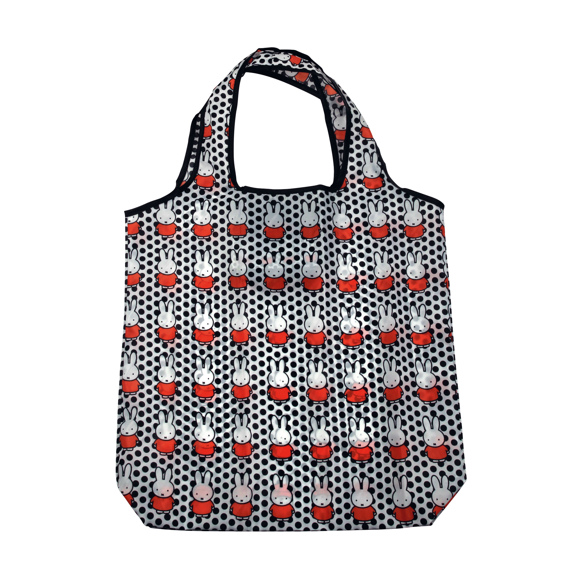 Reusable shopping bag featuring a repeating pattern of Miffy rabbits in red shirts on a black polka dot background.