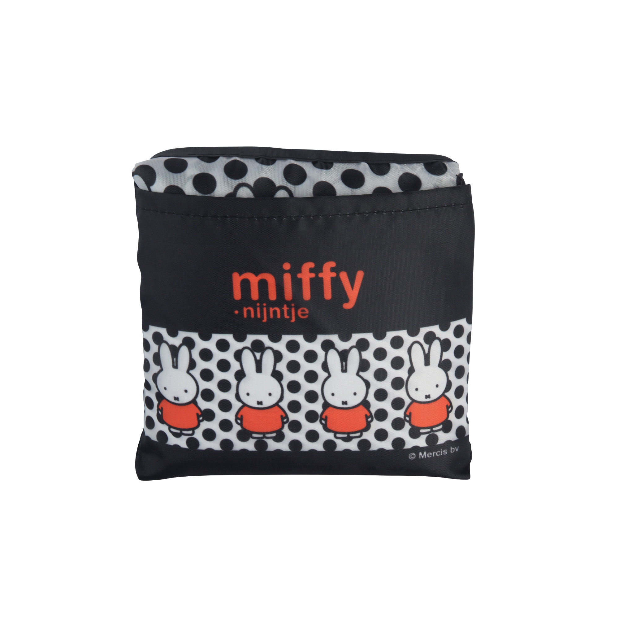 Black Miffy reusable shopping bag featuring a polka dot pattern and three Miffy rabbits.  The bag is folded.