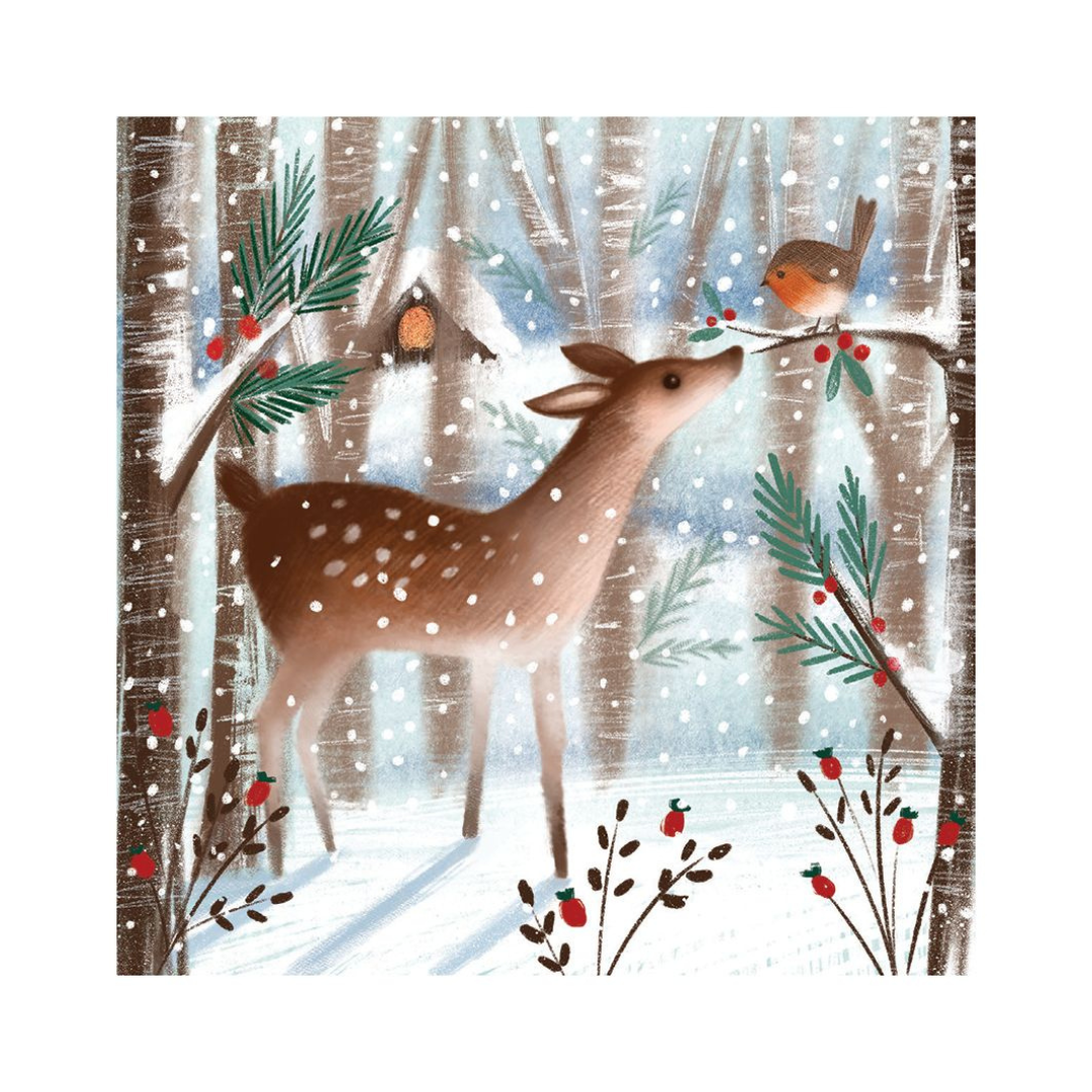 Winter scene with a deer and birds in a snowy forest