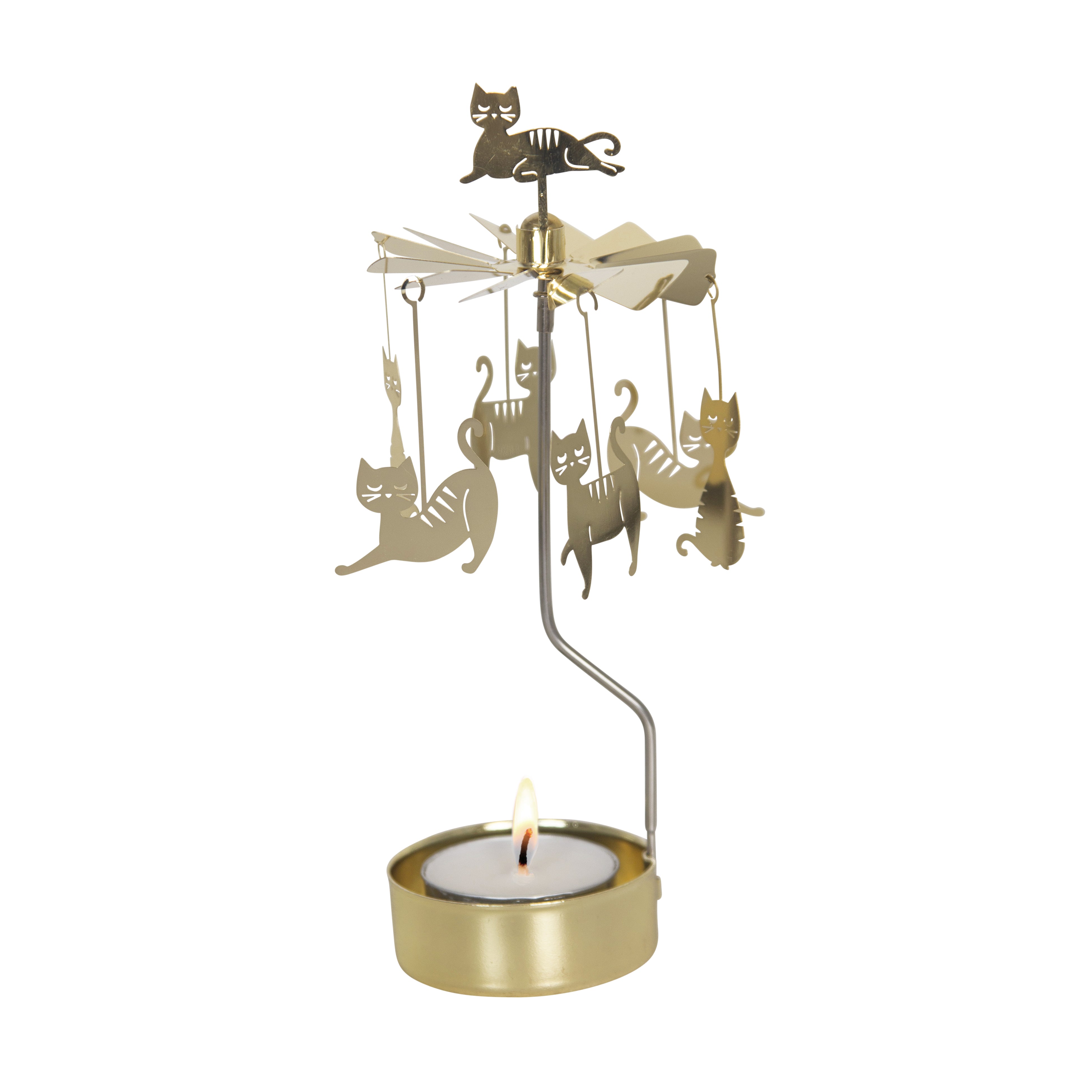 Gold metal cat-themed candleholder with a spinning carousel of cutout cats and a lit tea light candle below.
