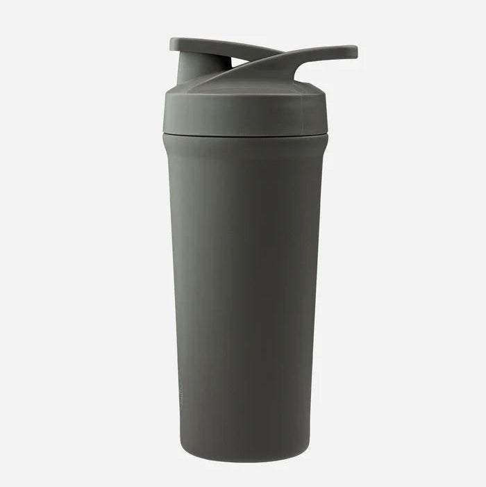 Gray shaker bottle with a lid on a white background