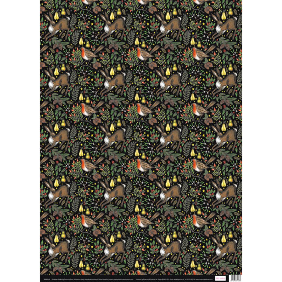 Christmas wrapping paper featuring a repeating pattern of hares, robins, pears, and winter foliage on a black background.