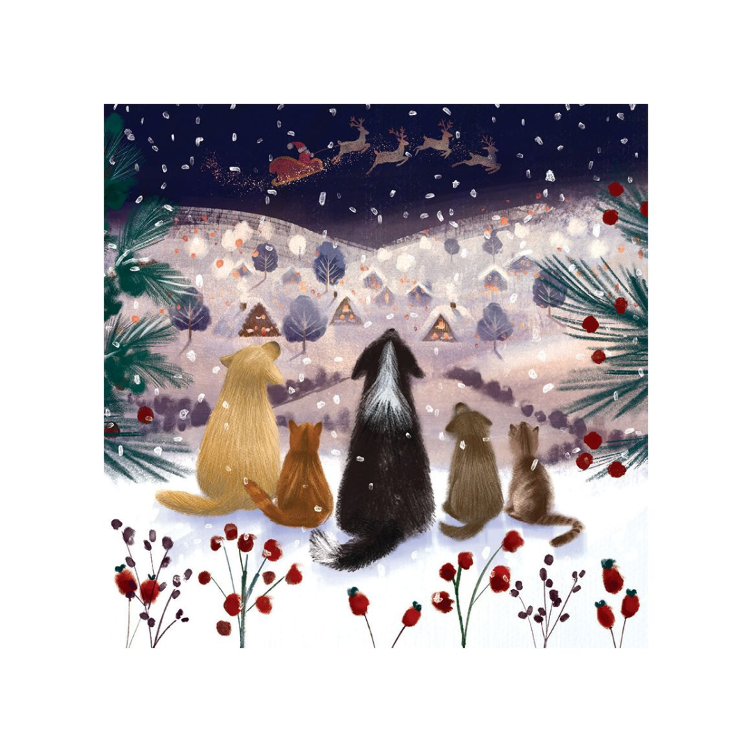 Illustration of cats in a snowy landscape with a festive background