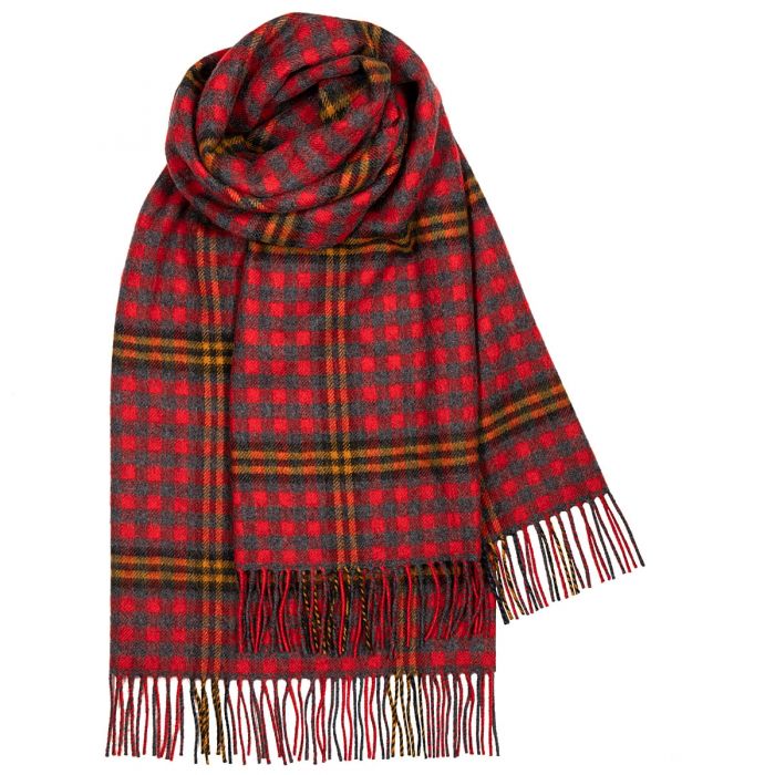 Red, gray, and gold plaid wool scarf with fringed edges.