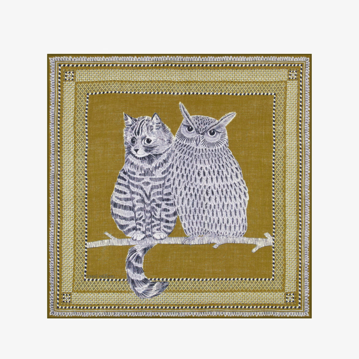 A square decorative textile or art print featuring two owls perched on a branch, with a striped gray-and-white owl and a white owl on a mustard-yellow background, surrounded by an ornate patterned border.