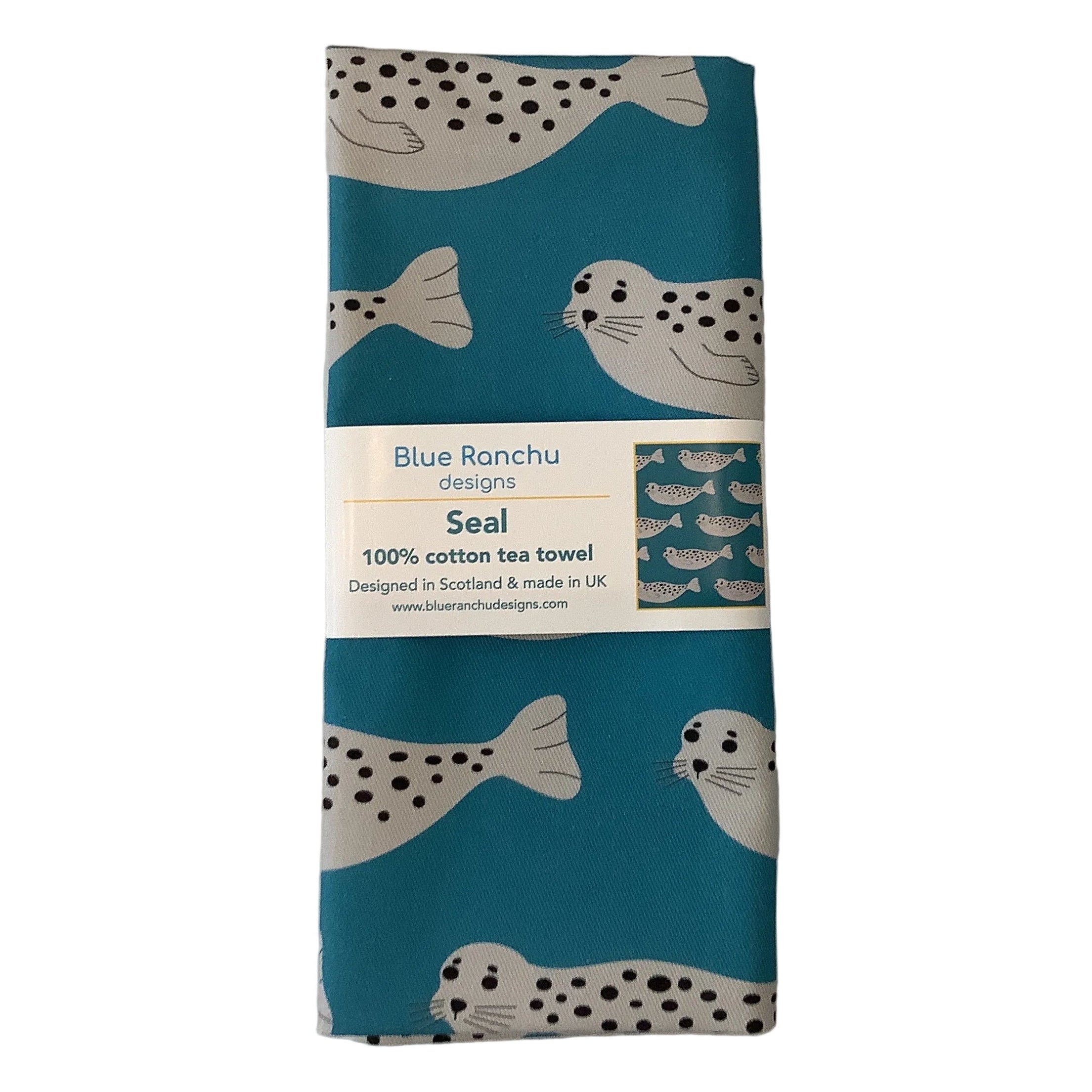Tea towel with seal design and Blue Bonchu branding on a white background