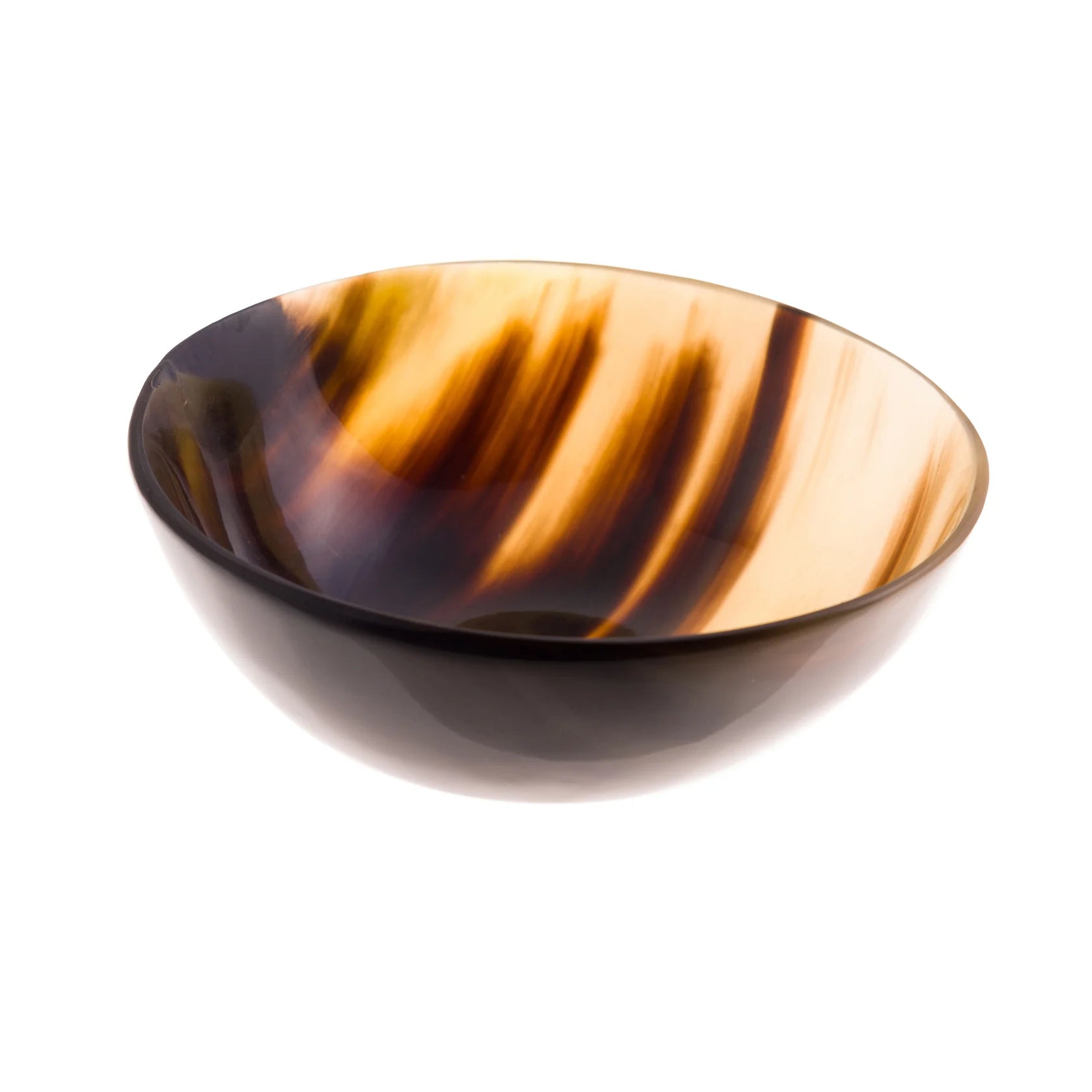 Small, shallow bowl with swirling brown and tan marbled pattern.  The bowl has a dark brown base.