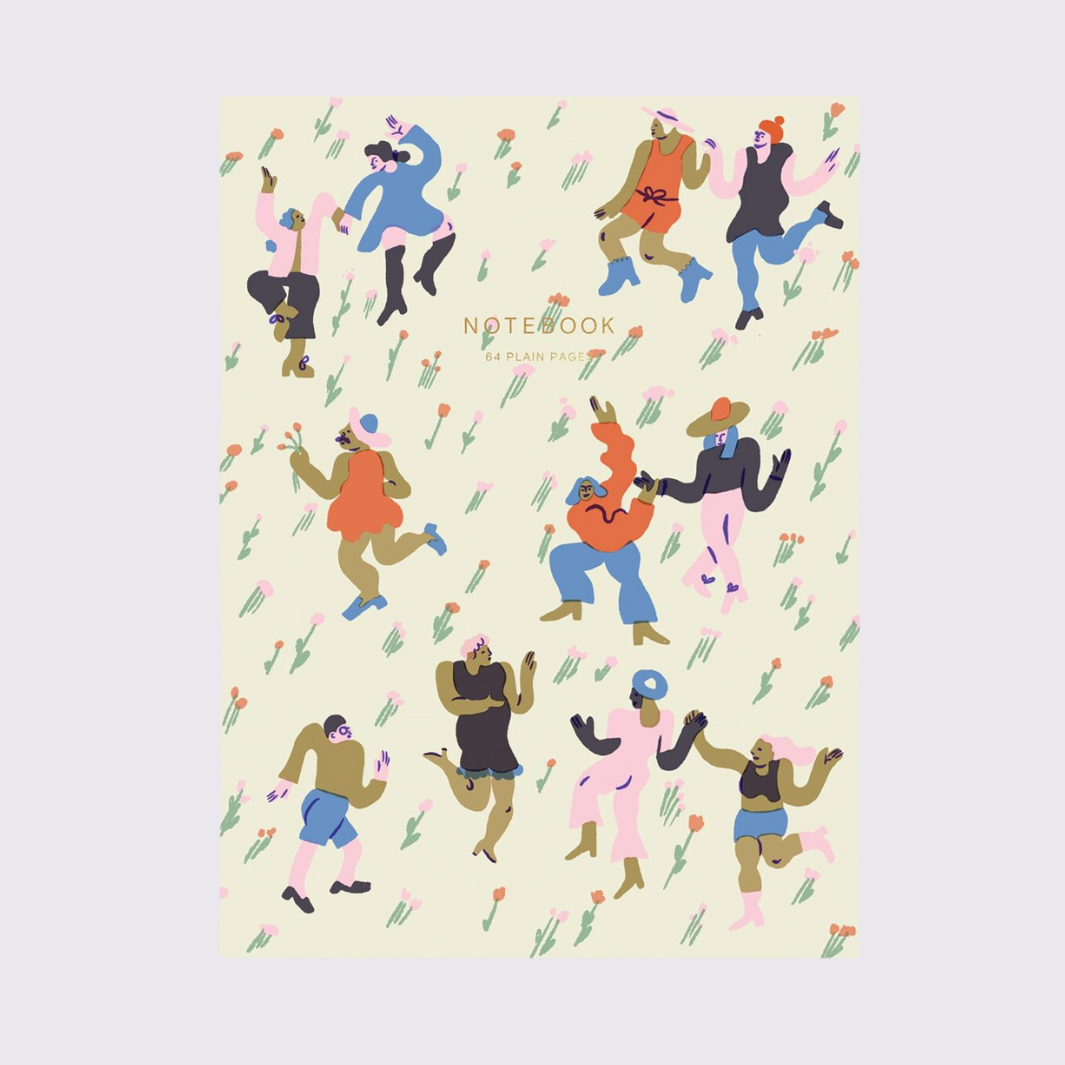 Notebook cover featuring a playful illustration of stylized figures dancing amidst a field of flowers.  64 plain pages.