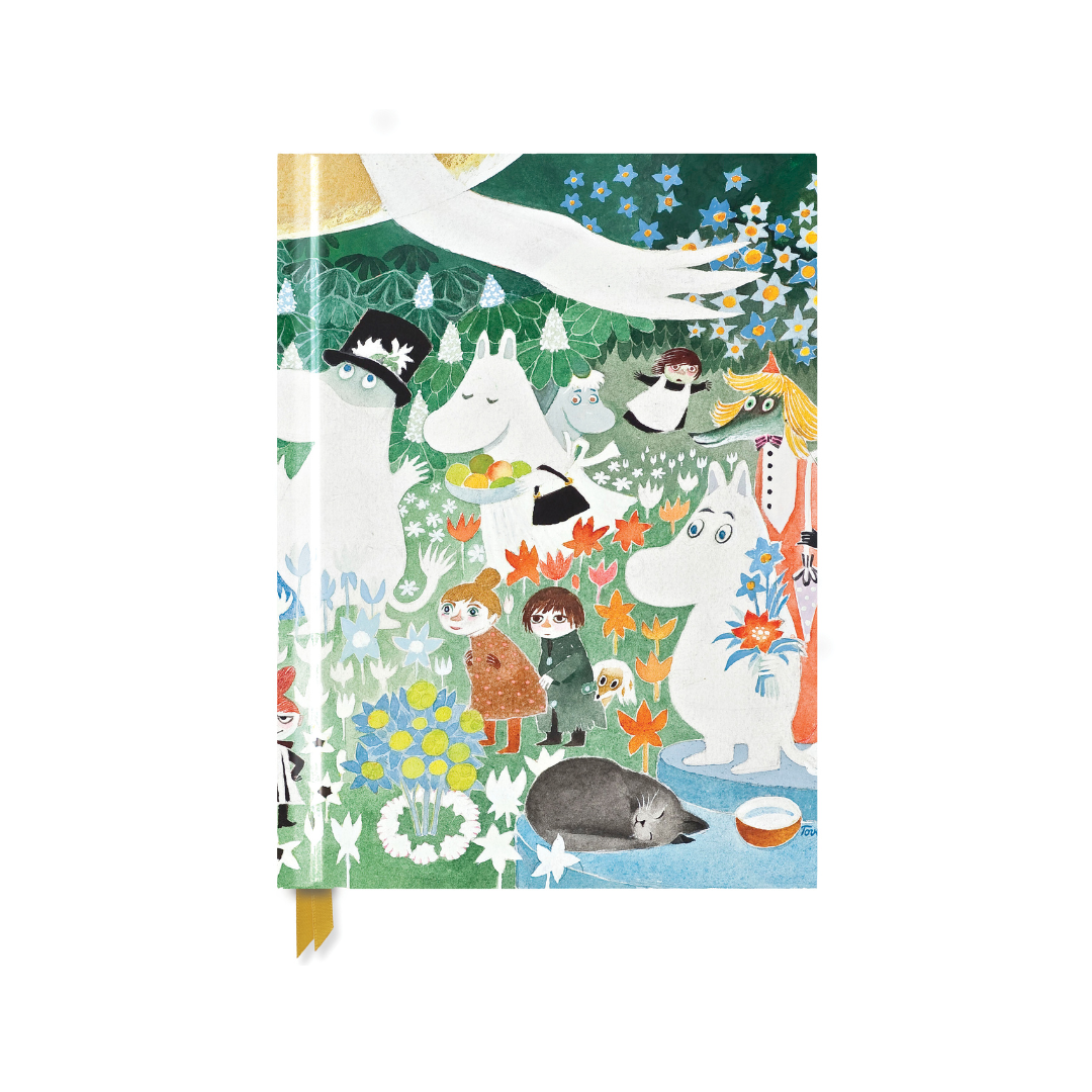 Moomin characters illustrated notebook featuring Moomins, other characters, and a garden scene.  Gold ribbon bookmark.
