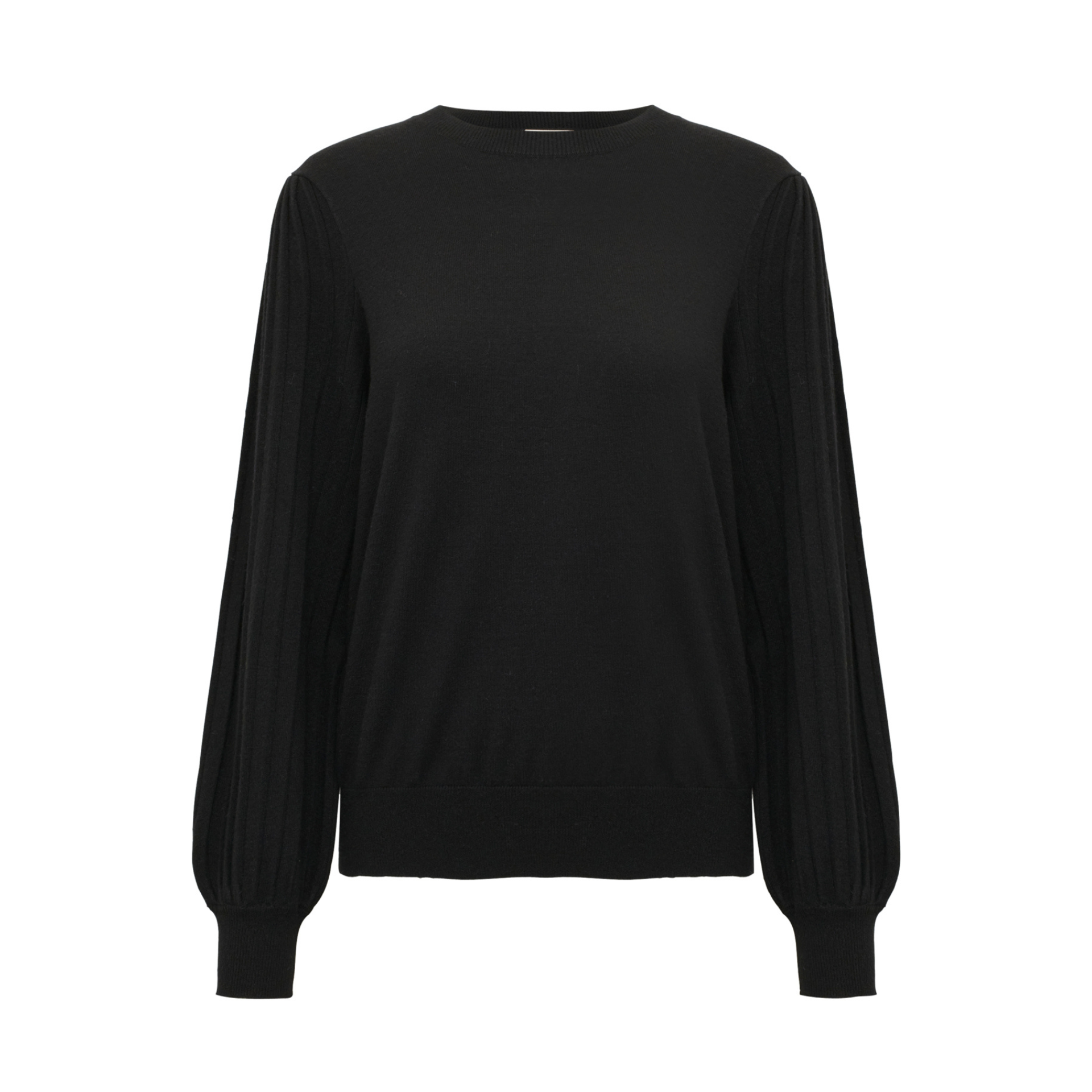 A black long-sleeve knit sweater with pleated balloon sleeves, shown against a plain white background.