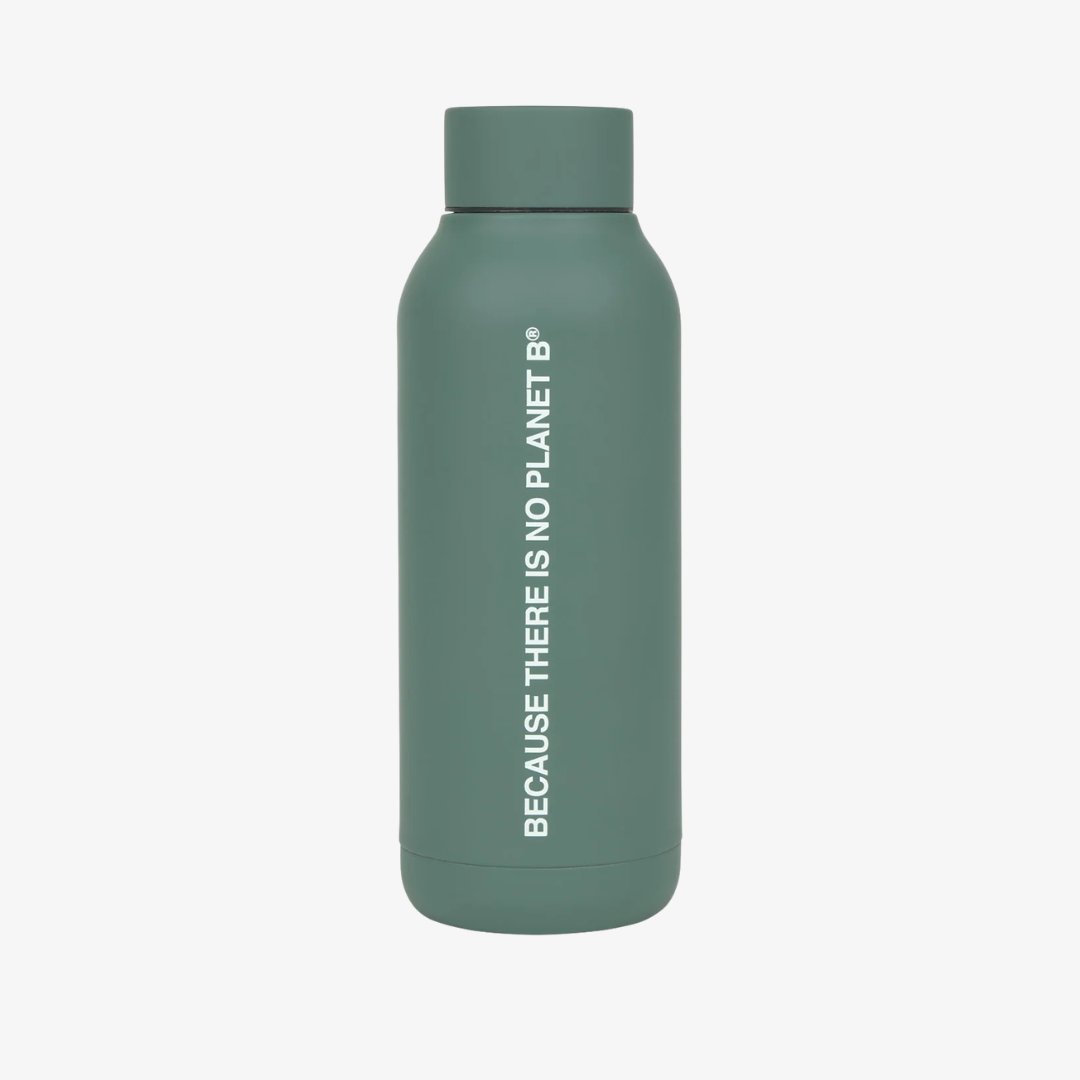 Green water bottle with 'Because There is No Planet B' text on a white background